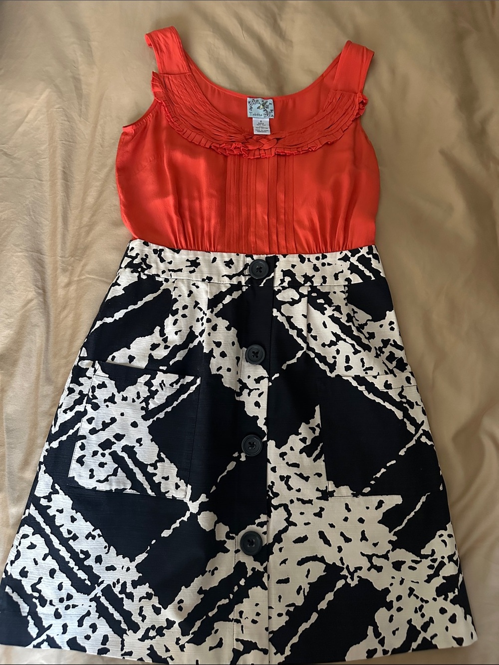 Tabitha Anthropologie Coral Bodice Black & White Patterned Mini Dress